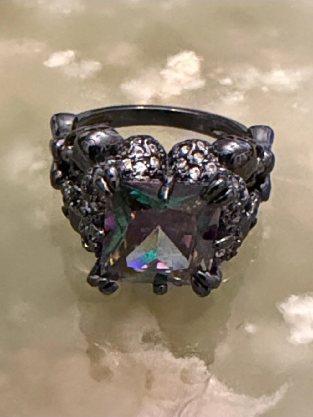 Square Cut Cocktail Ring - Black Metal & Iridescent Crystal - Size 6 US